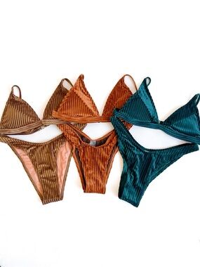 Velvet Ribbed Triangle Bikini Set - Teal, Copper, Brown